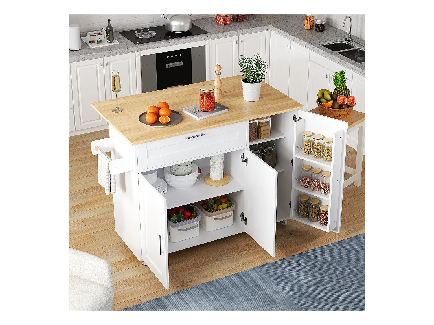 Îlot central mobile avec plan de travail pliable - 132.5 x 44 /70 x 90 cm - avec 3 portes + 1 tiroirs - MDF - blanc + naturel