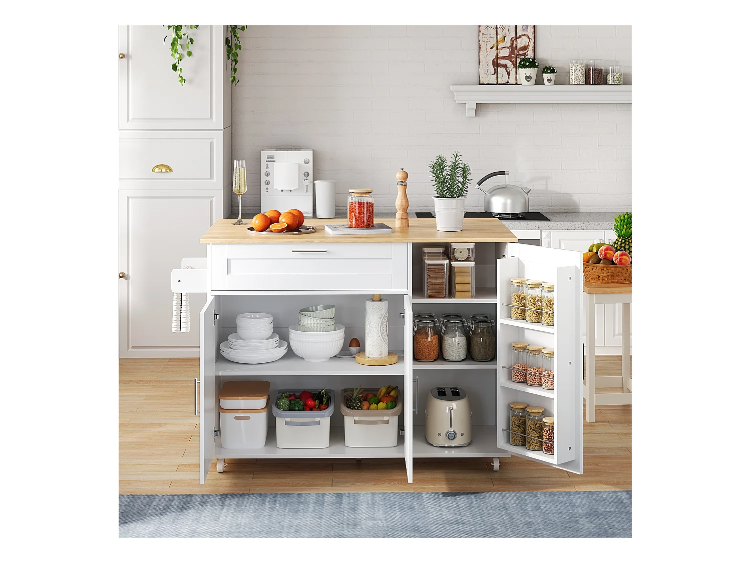 Îlot central mobile avec plan de travail pliable - 132.5 x 44 /70 x 90 cm - avec 3 portes + 1 tiroirs - MDF - blanc + naturel