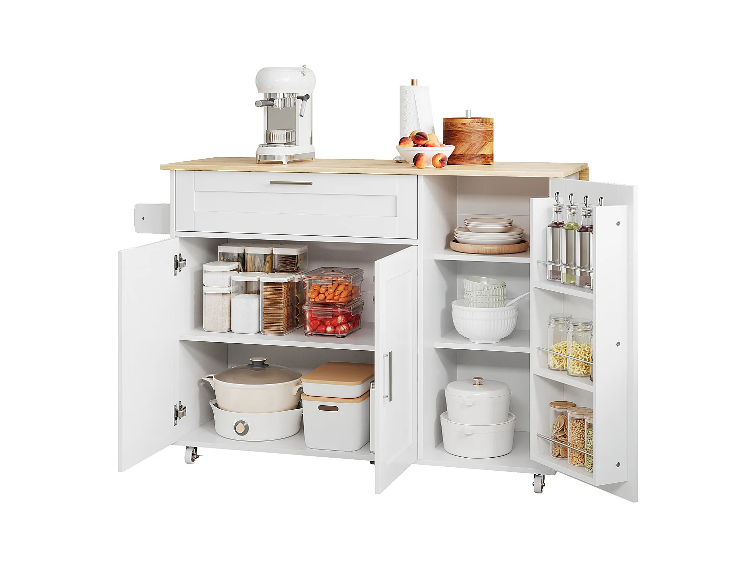 Îlot central mobile avec plan de travail pliable - 132.5 x 44 /70 x 90 cm - avec 3 portes + 1 tiroirs - MDF - blanc + naturel