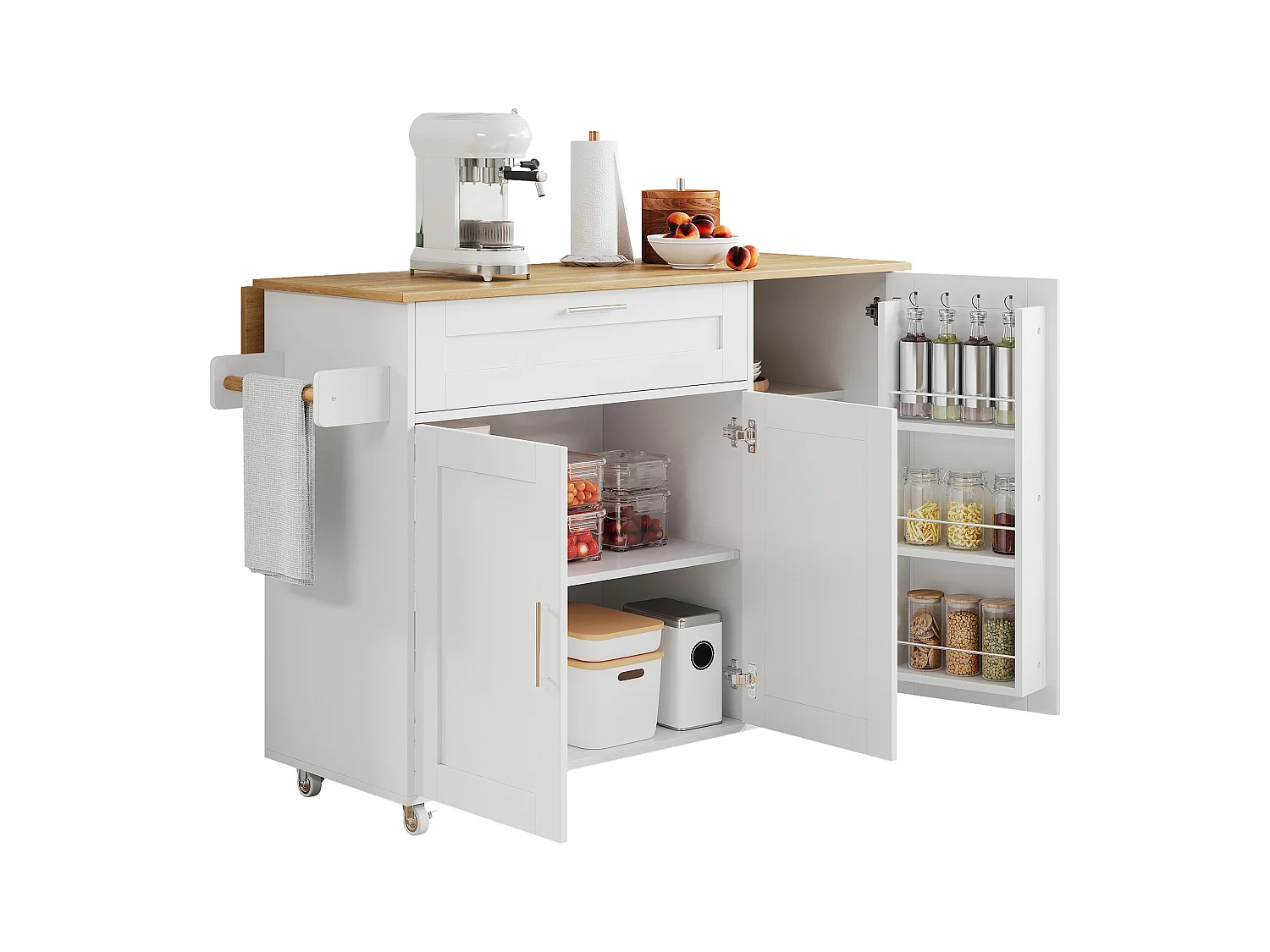 Îlot central mobile avec plan de travail pliable - 132.5 x 44 /70 x 90 cm - avec 3 portes + 1 tiroirs - MDF - blanc + naturel