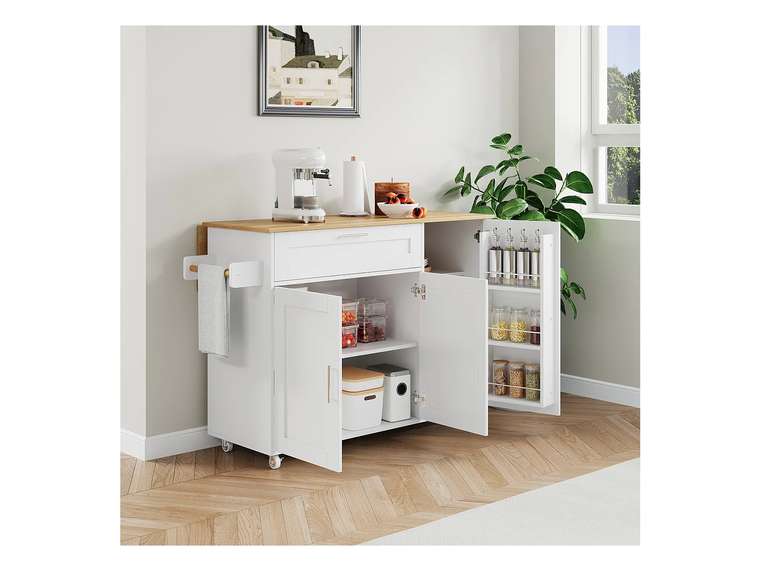 Îlot central mobile avec plan de travail pliable - 132.5 x 44 /70 x 90 cm - avec 3 portes + 1 tiroirs - MDF - blanc + naturel