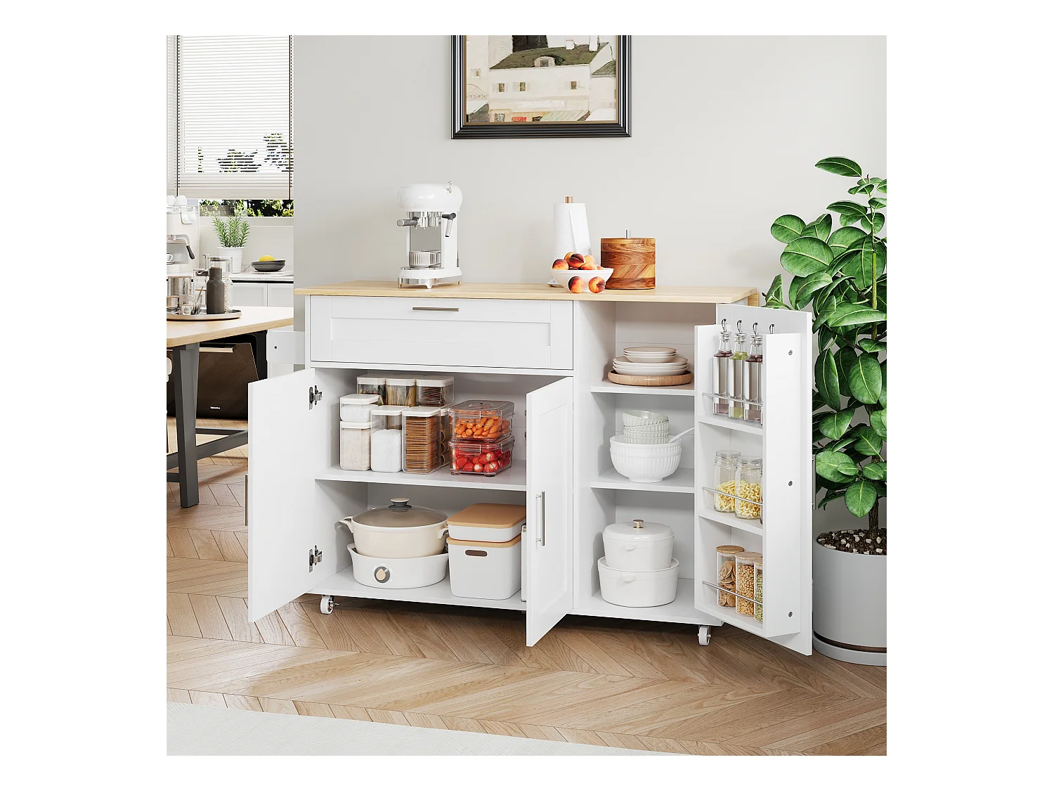 Îlot central mobile avec plan de travail pliable - 132.5 x 44 /70 x 90 cm - avec 3 portes + 1 tiroirs - MDF - blanc + naturel