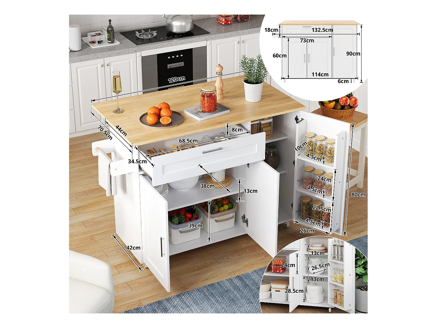 Îlot central mobile avec plan de travail pliable - 132.5 x 44 /70 x 90 cm - avec 3 portes + 1 tiroirs - MDF - blanc + naturel