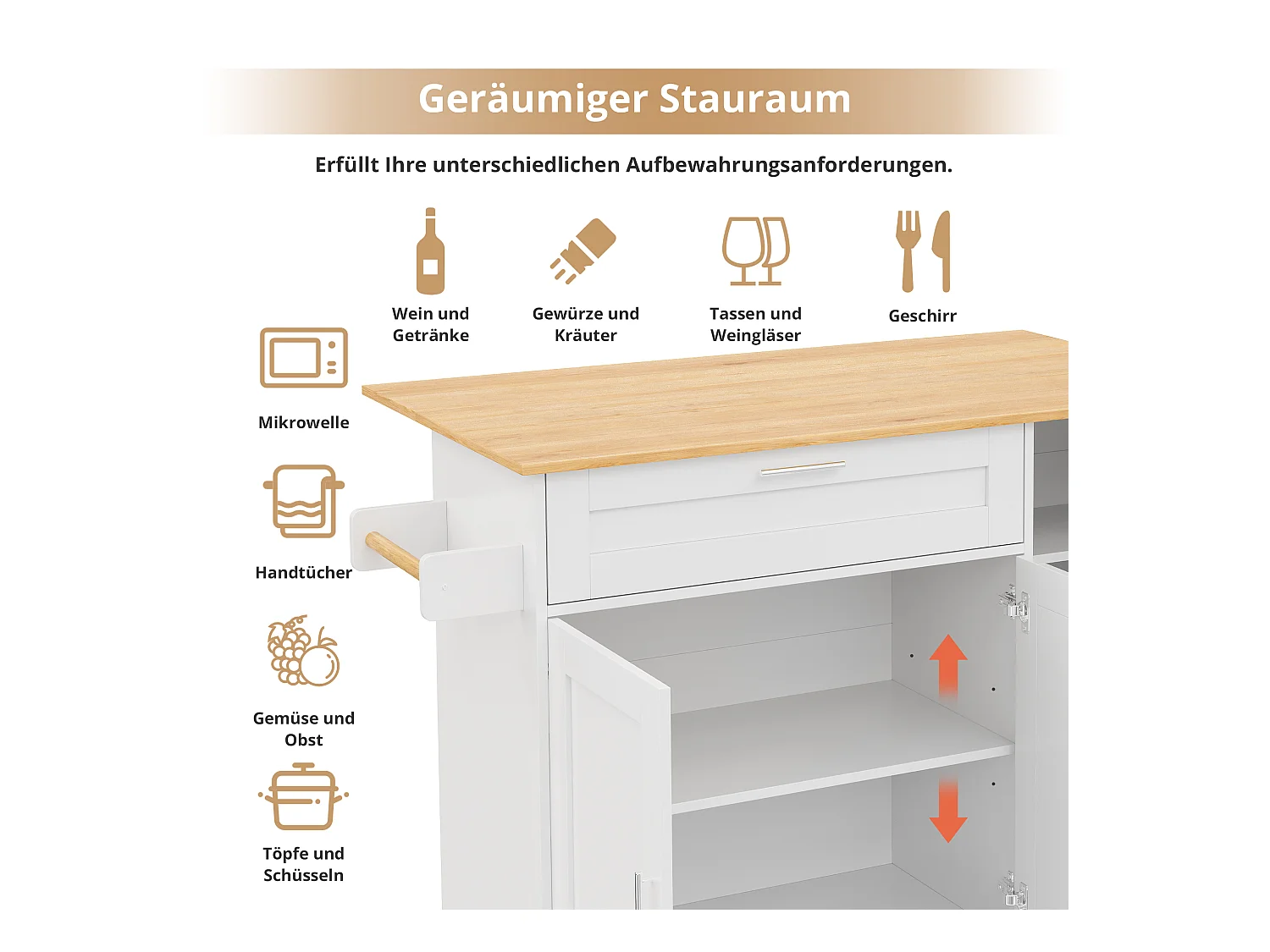 Îlot central mobile avec plan de travail pliable - 132.5 x 44 /70 x 90 cm - avec 3 portes + 1 tiroirs - MDF - blanc + naturel