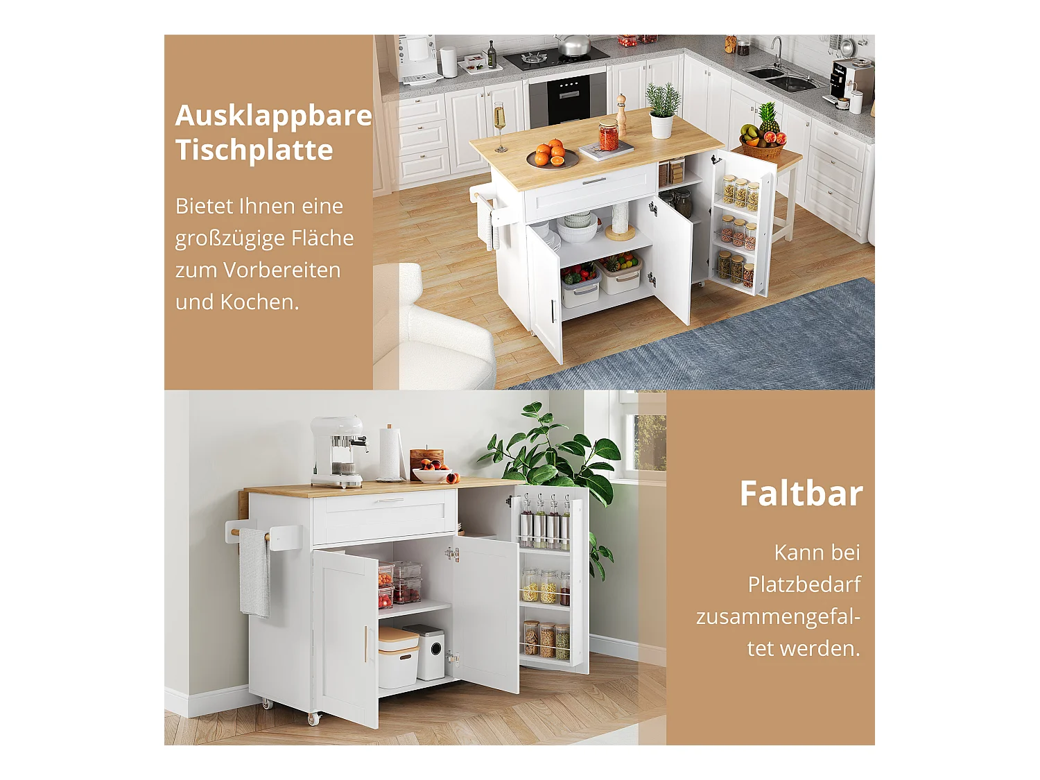 Îlot central mobile avec plan de travail pliable - 132.5 x 44 /70 x 90 cm - avec 3 portes + 1 tiroirs - MDF - blanc + naturel