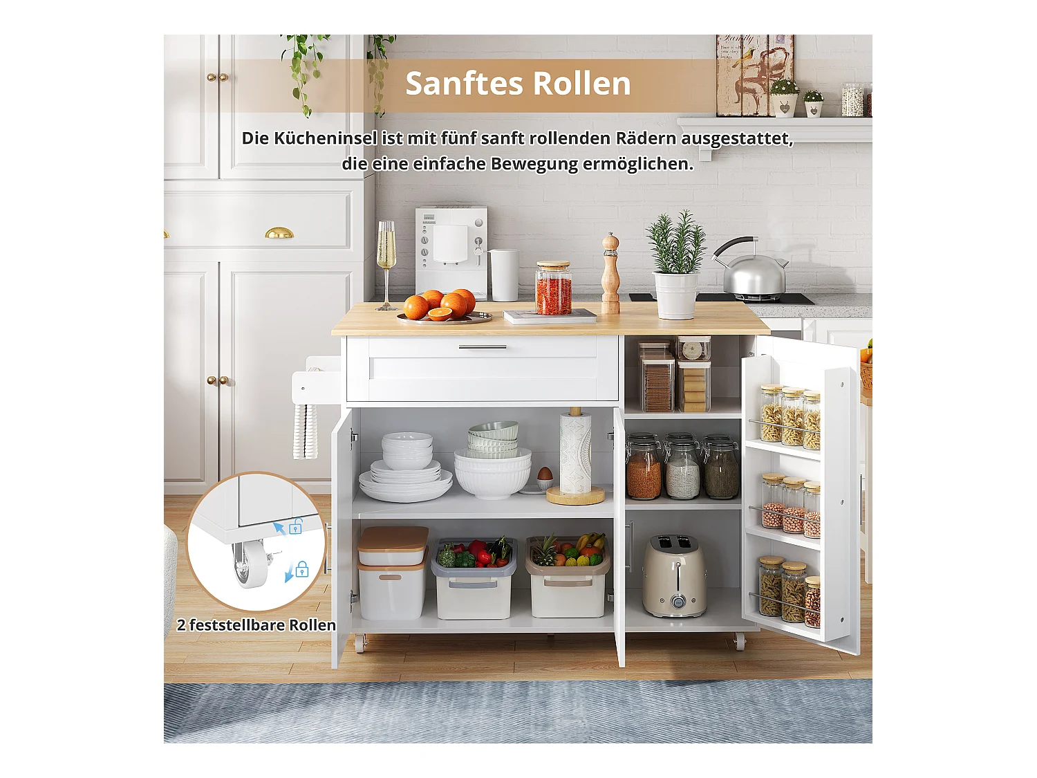 Îlot central mobile avec plan de travail pliable - 132.5 x 44 /70 x 90 cm - avec 3 portes + 1 tiroirs - MDF - blanc + naturel