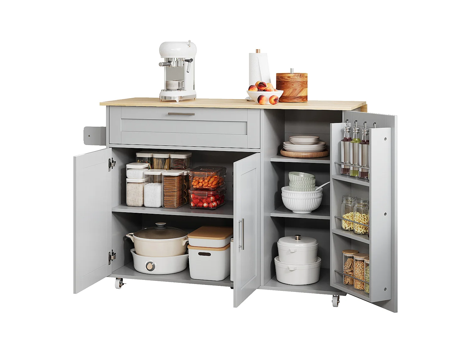 Îlot central mobile avec plan de travail pliable - 132.5 x 44 /70 x 90 cm - avec 3 portes + 1 tiroirs - MDF - gris