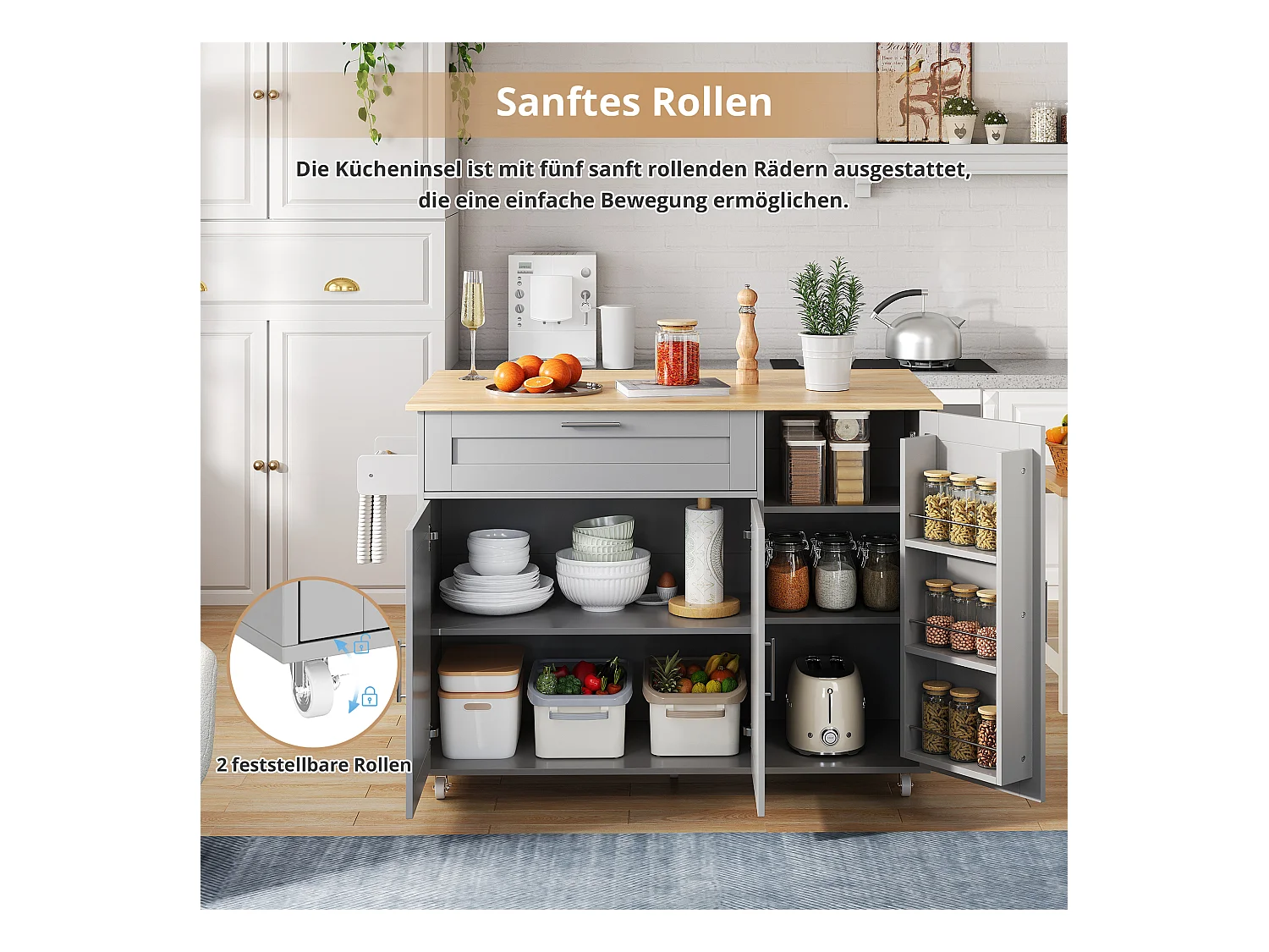 Îlot central mobile avec plan de travail pliable - 132.5 x 44 /70 x 90 cm - avec 3 portes + 1 tiroirs - MDF - gris