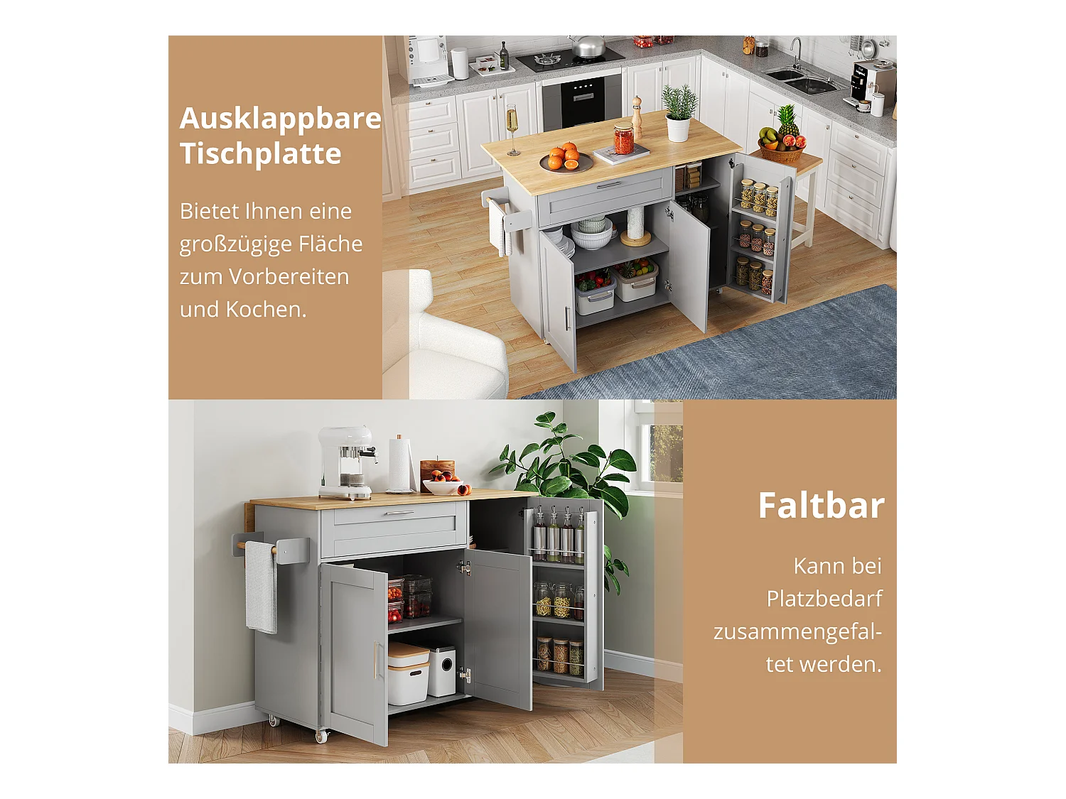 Îlot central mobile avec plan de travail pliable - 132.5 x 44 /70 x 90 cm - avec 3 portes + 1 tiroirs - MDF - gris