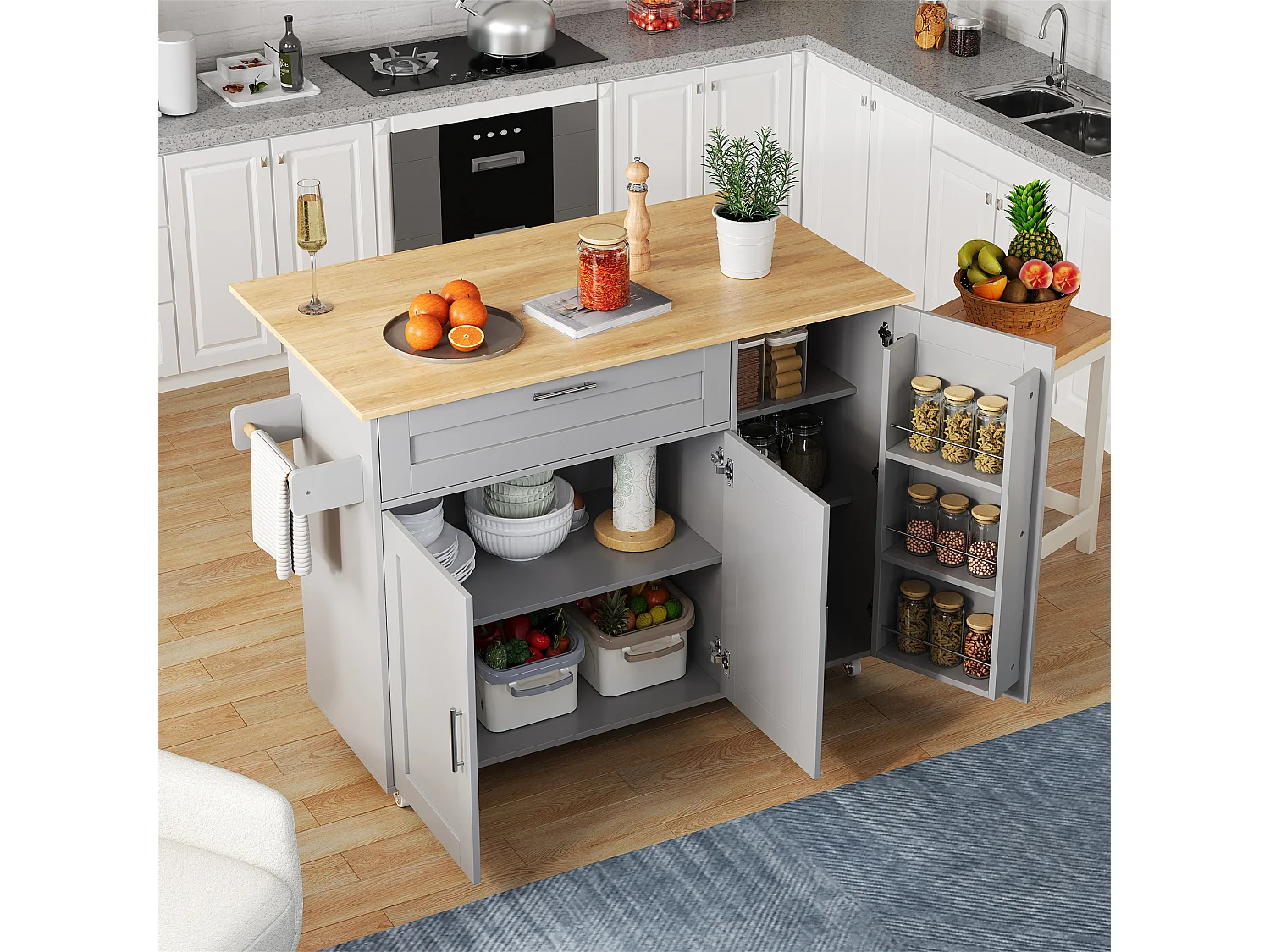 Mobile Mittelinsel mit klappbarer Arbeitsplatte - 132,5 x 44 /70 x 90 cm - mit 3 Türen + 1 Schublade - MDF - grau