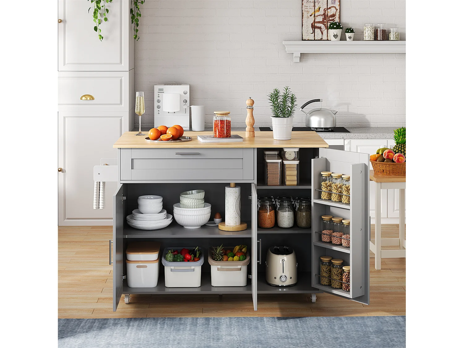 Mobile Mittelinsel mit klappbarer Arbeitsplatte - 132,5 x 44 /70 x 90 cm - mit 3 Türen + 1 Schublade - MDF - grau