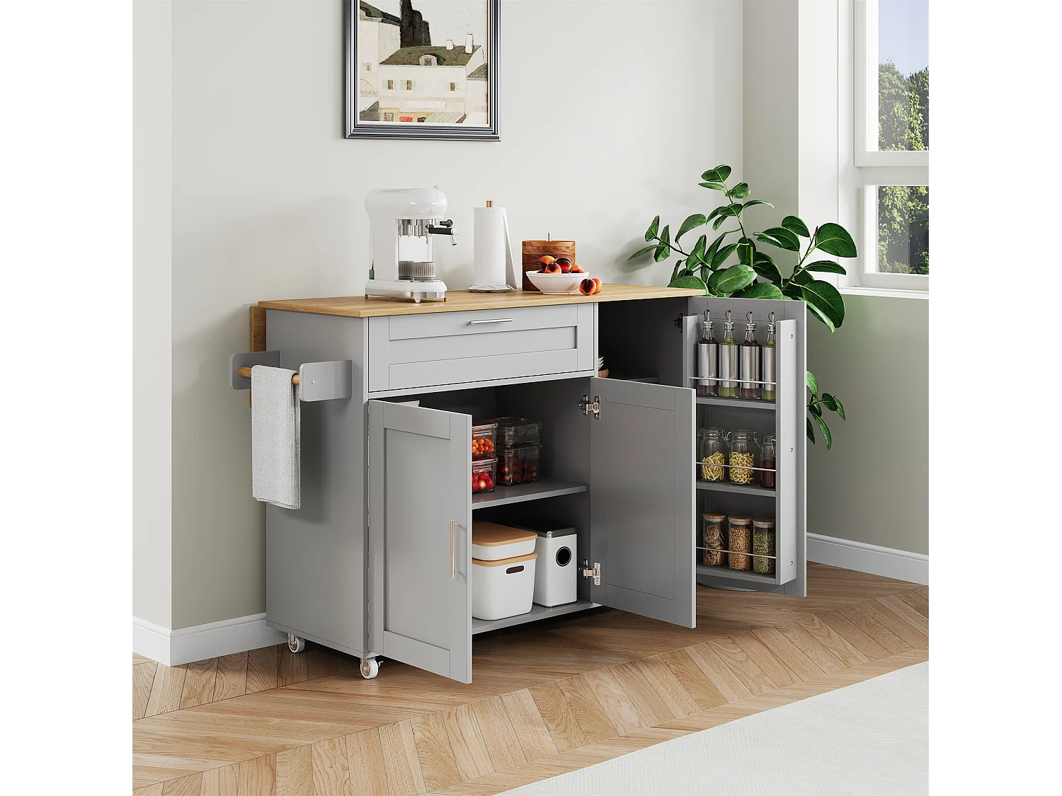 Mobile Mittelinsel mit klappbarer Arbeitsplatte - 132,5 x 44 /70 x 90 cm - mit 3 Türen + 1 Schublade - MDF - grau