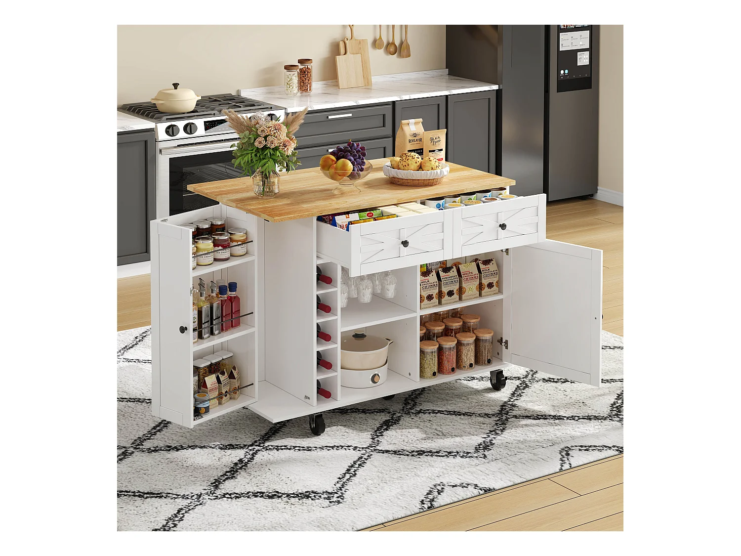 Isla de cocina móvil con encimera abatible - 120 x 45/70 x 89 cm - con 2 puertas + 2 cajones - MDF - blanco