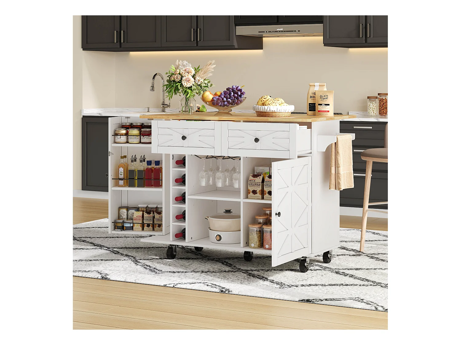 Isla de cocina móvil con encimera abatible - 120 x 45/70 x 89 cm - con 2 puertas + 2 cajones - MDF - blanco