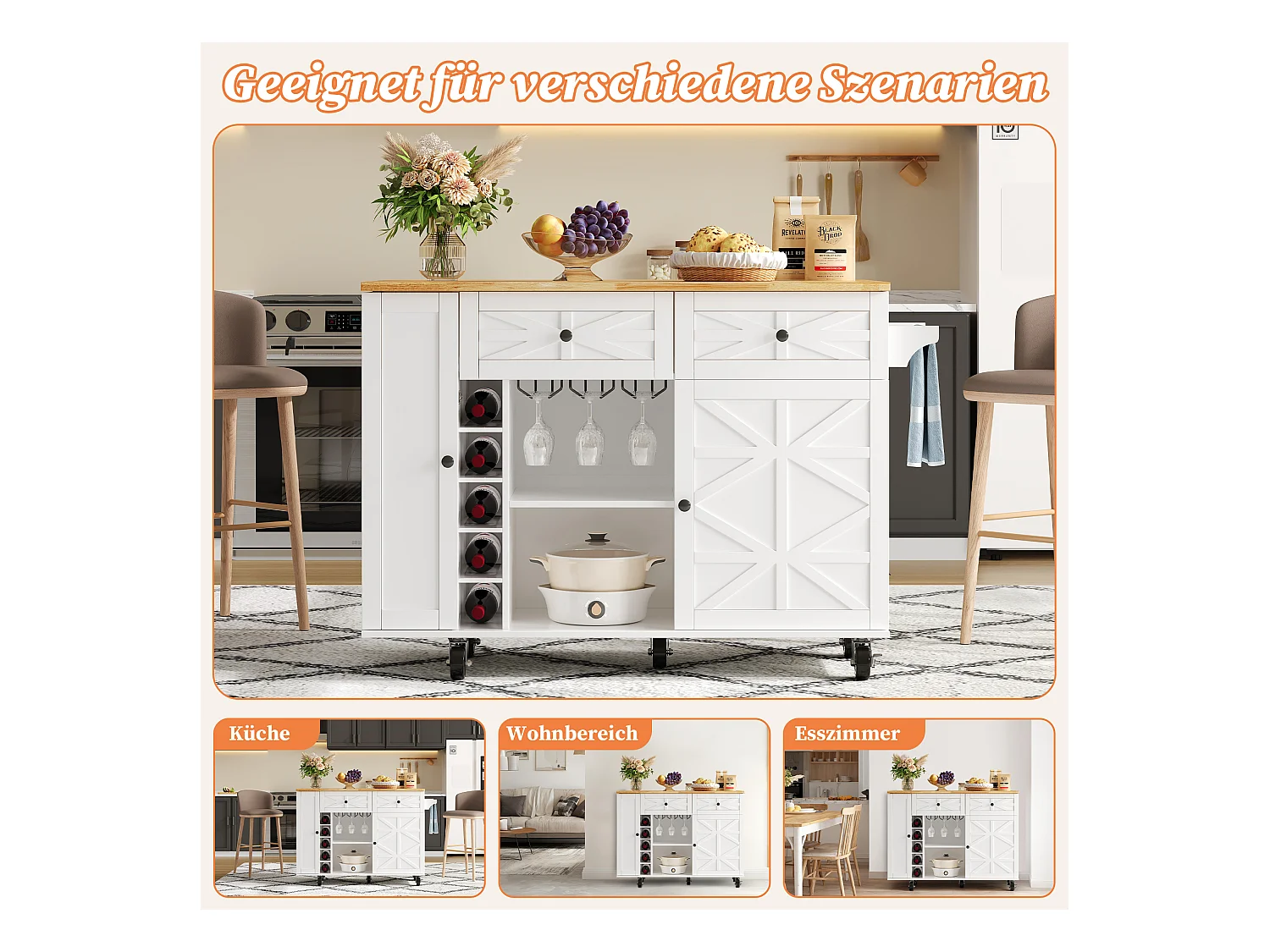 Isla de cocina móvil con encimera abatible - 120 x 45/70 x 89 cm - con 2 puertas + 2 cajones - MDF - blanco