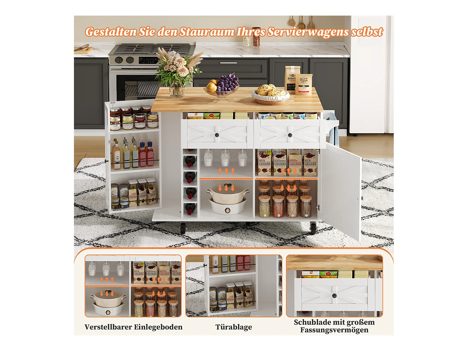 Isla de cocina móvil con encimera abatible - 120 x 45/70 x 89 cm - con 2 puertas + 2 cajones - MDF - blanco