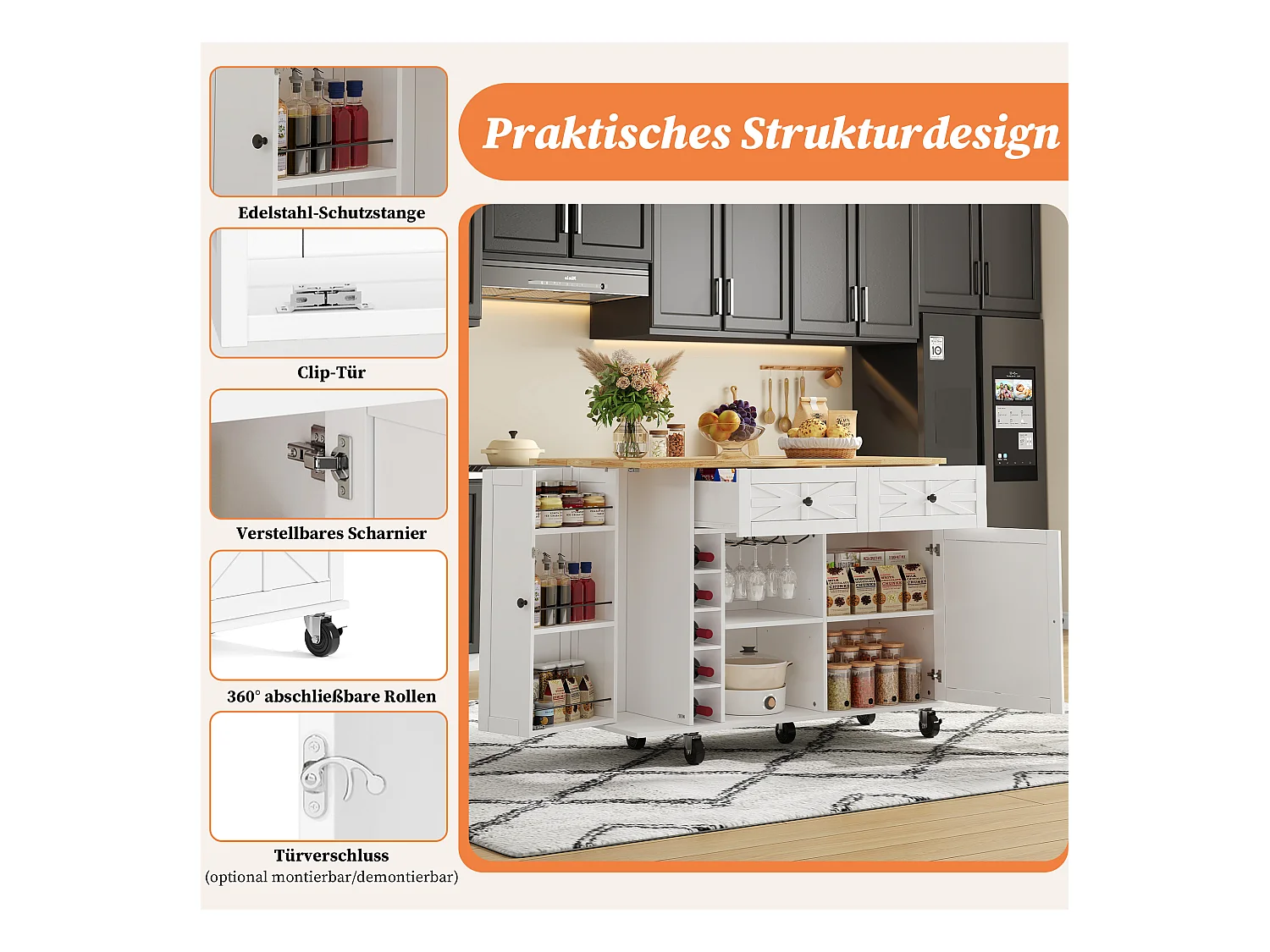 Isla de cocina móvil con encimera abatible - 120 x 45/70 x 89 cm - con 2 puertas + 2 cajones - MDF - blanco