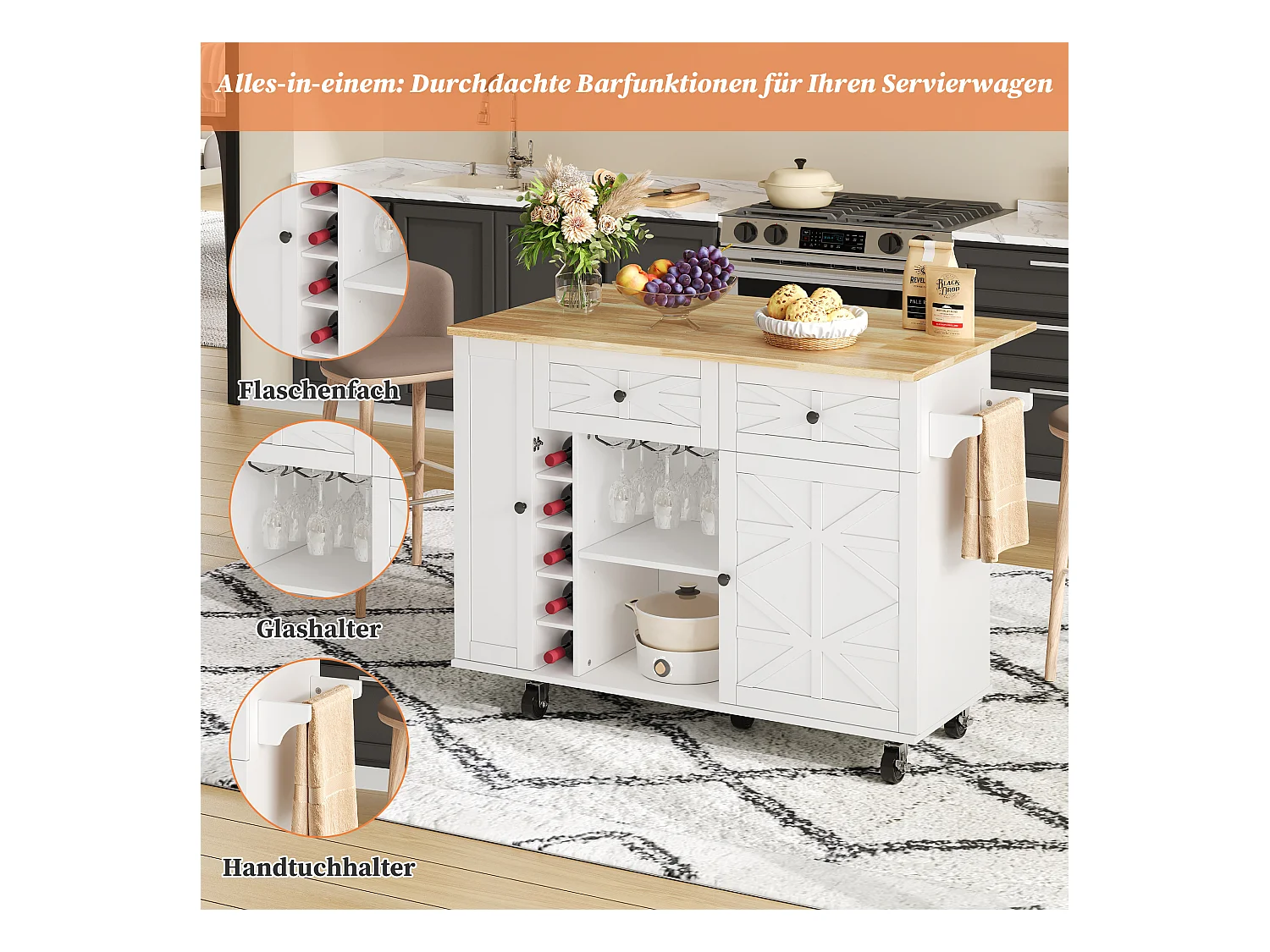 Isla de cocina móvil con encimera abatible - 120 x 45/70 x 89 cm - con 2 puertas + 2 cajones - MDF - blanco