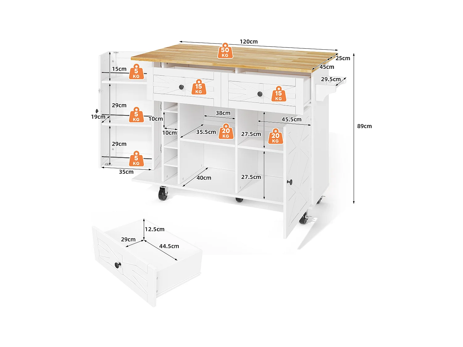 Isla de cocina móvil con encimera abatible - 120 x 45/70 x 89 cm - con 2 puertas + 2 cajones - MDF - blanco