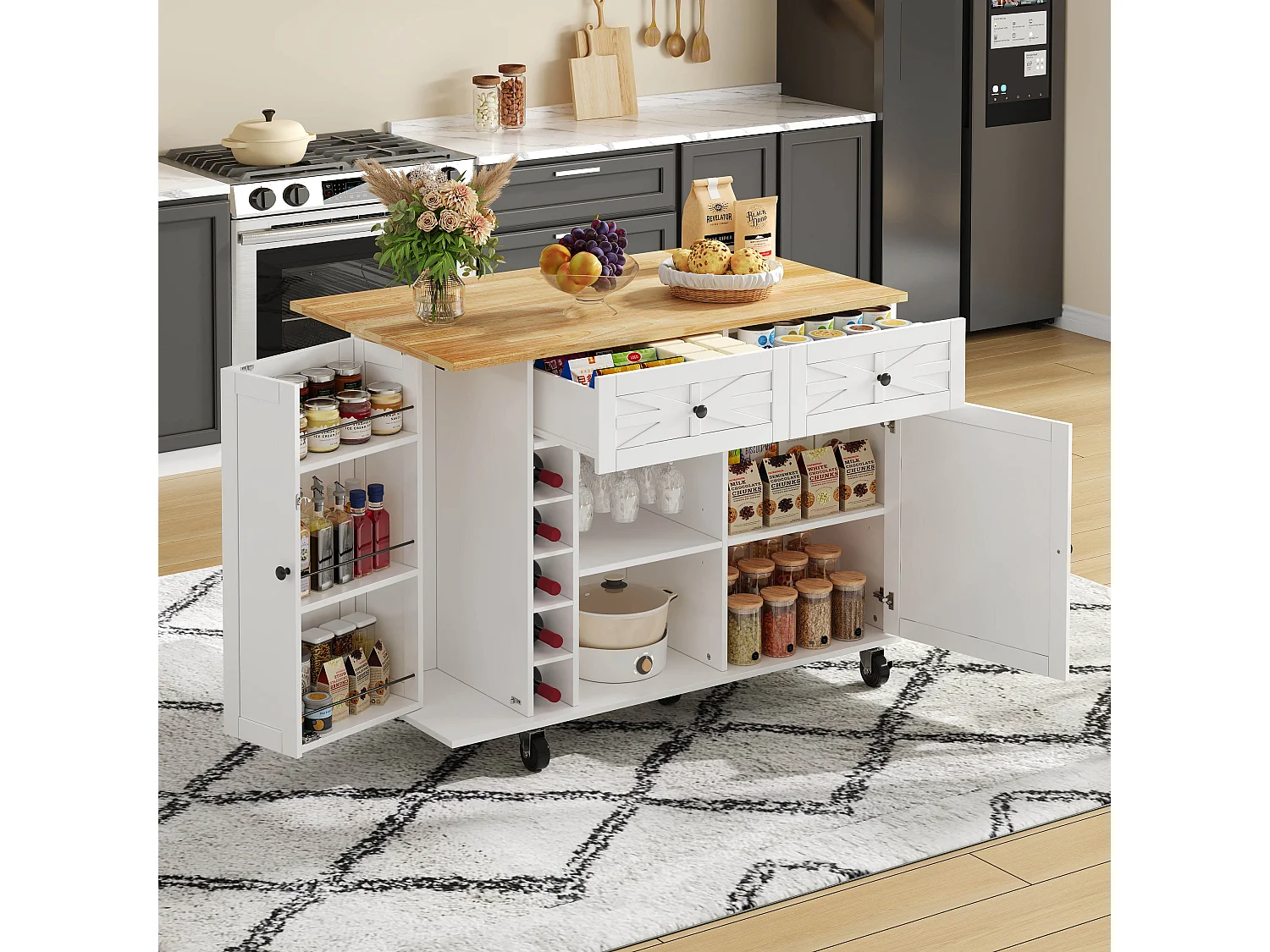 Isola cucina mobile con piano di lavoro ribaltabile - 120 x 45/70 x 89 cm - con 2 ante + 2 cassetti - MDF - bianco