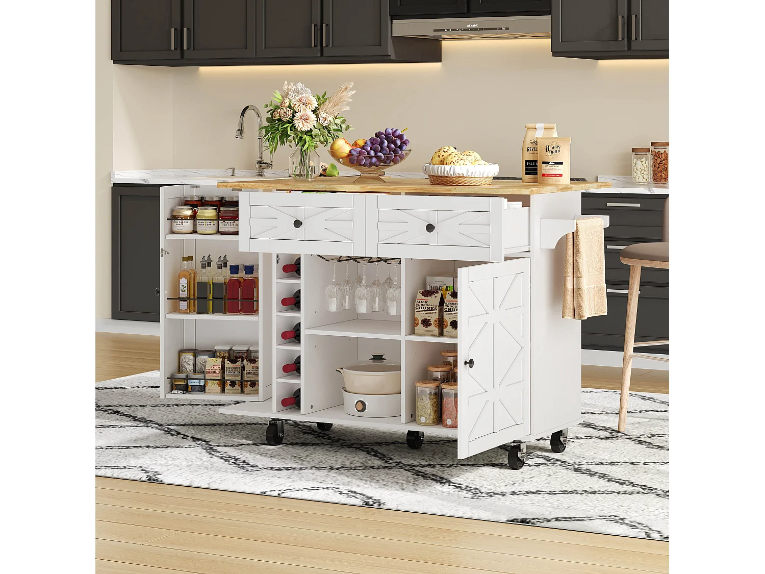 Isola cucina mobile con piano di lavoro ribaltabile - 120 x 45/70 x 89 cm - con 2 ante + 2 cassetti - MDF - bianco