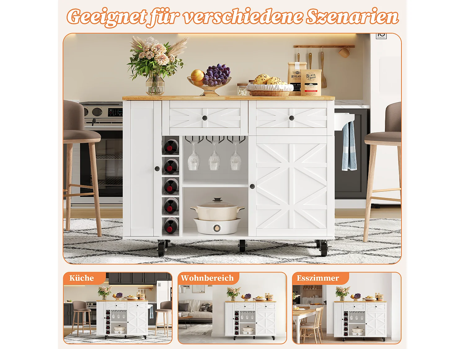 Isola cucina mobile con piano di lavoro ribaltabile - 120 x 45/70 x 89 cm - con 2 ante + 2 cassetti - MDF - bianco