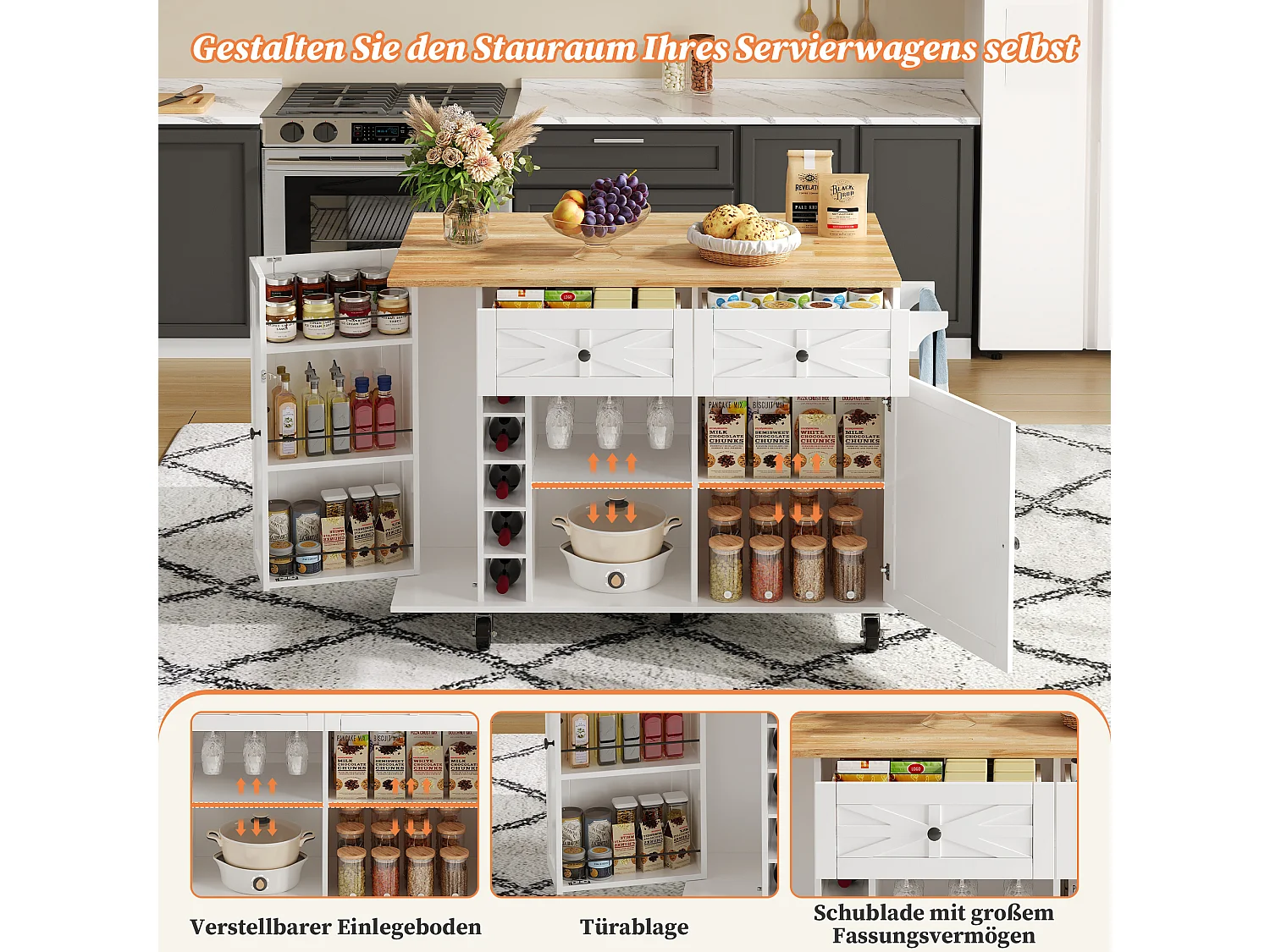 Isola cucina mobile con piano di lavoro ribaltabile - 120 x 45/70 x 89 cm - con 2 ante + 2 cassetti - MDF - bianco