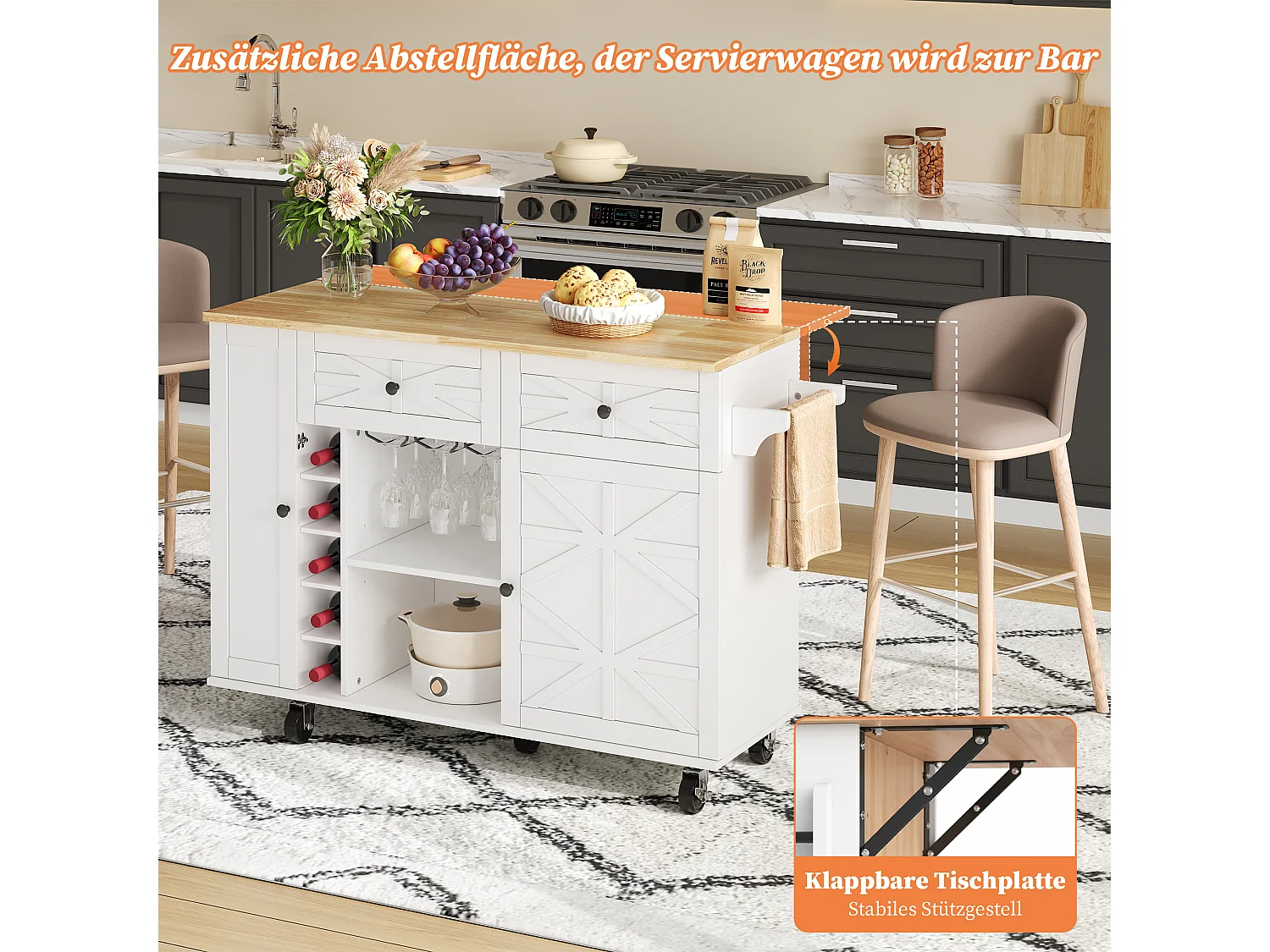 Isola cucina mobile con piano di lavoro ribaltabile - 120 x 45/70 x 89 cm - con 2 ante + 2 cassetti - MDF - bianco