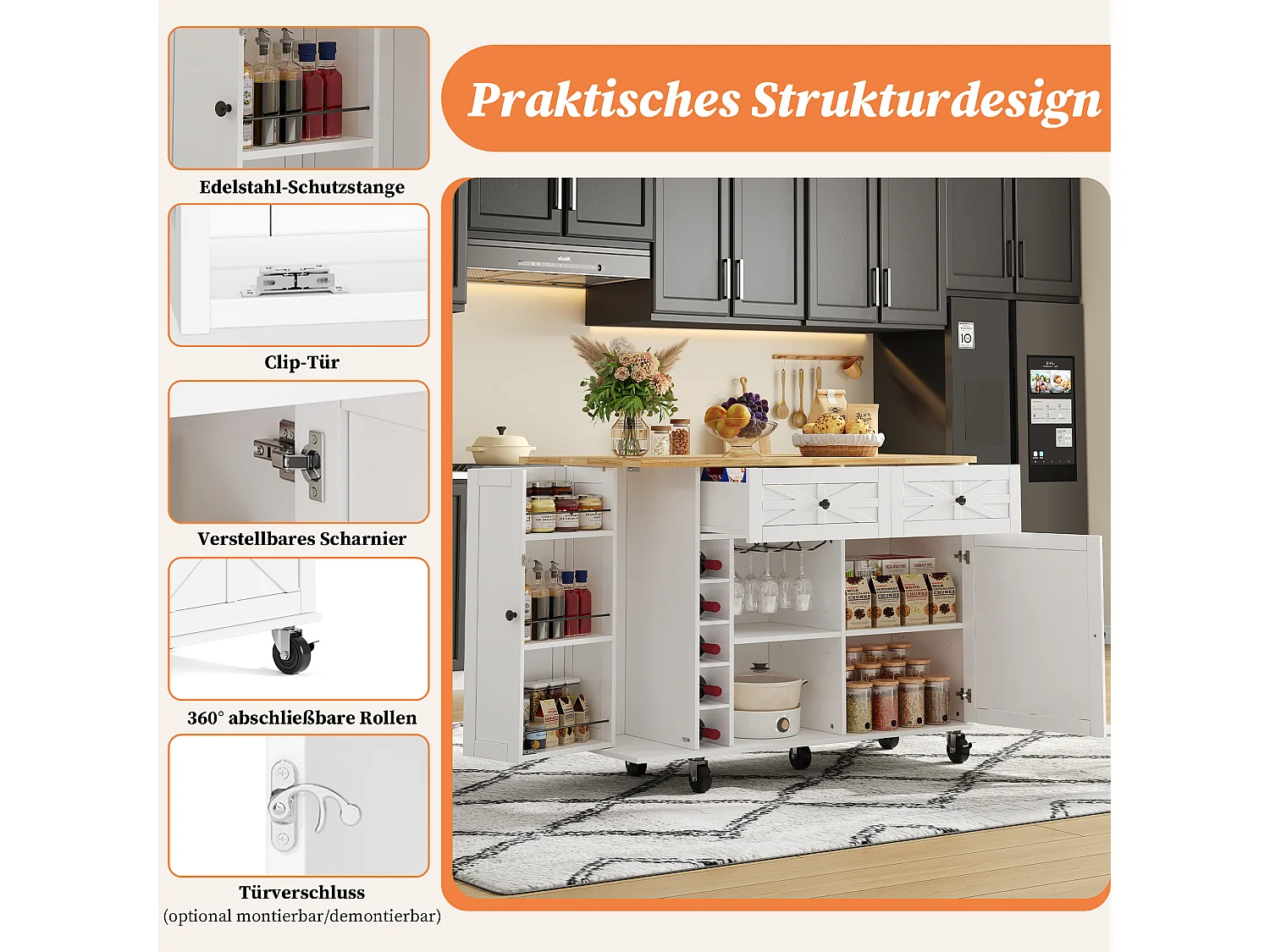 Isola cucina mobile con piano di lavoro ribaltabile - 120 x 45/70 x 89 cm - con 2 ante + 2 cassetti - MDF - bianco