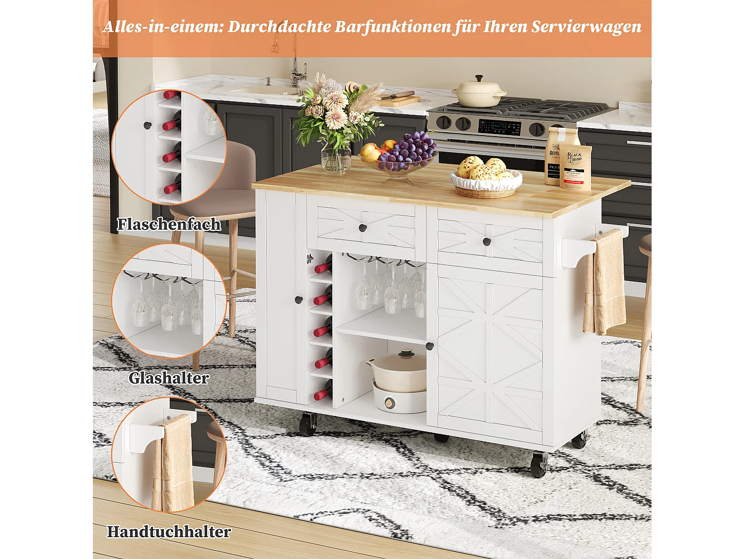 Isola cucina mobile con piano di lavoro ribaltabile - 120 x 45/70 x 89 cm - con 2 ante + 2 cassetti - MDF - bianco