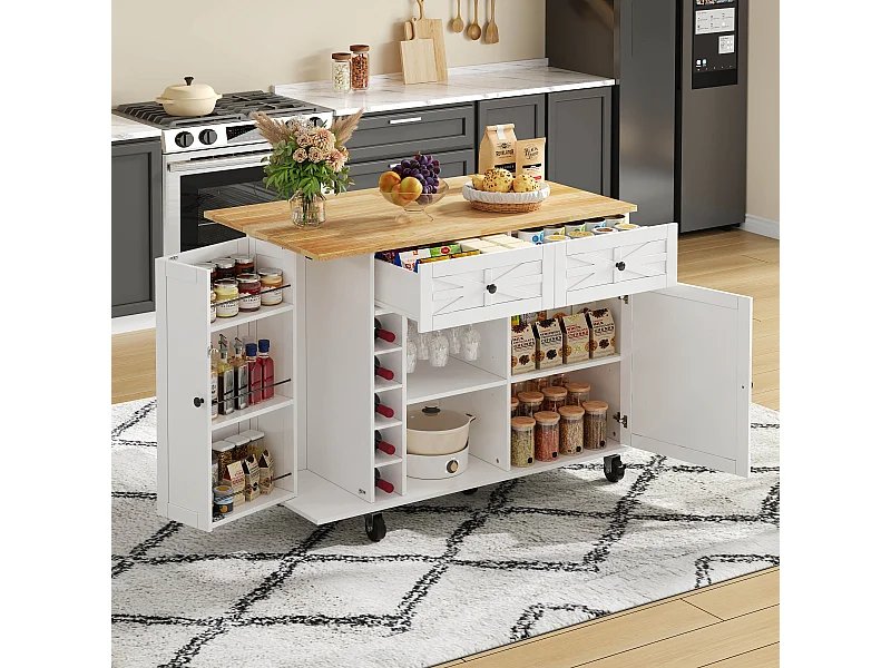 Îlot de cuisine mobile avec plan de travail rabattable - 120 x 45/70 x 89 cm - avec 2 portes + 2 tiroirs - MDF - blanc