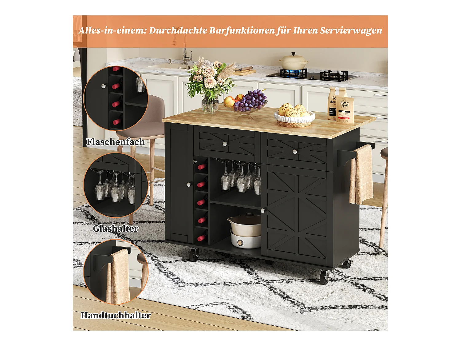 Mobile Kücheninsel mit klappbarer Arbeitsplatte - 120 x 45/70 x 89 cm - mit 2 Türen + 2 Schubladen - MDF - schwarz