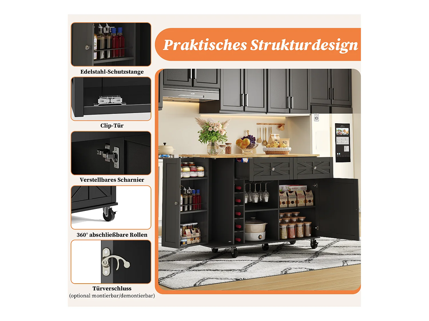 Mobile Kücheninsel mit klappbarer Arbeitsplatte - 120 x 45/70 x 89 cm - mit 2 Türen + 2 Schubladen - MDF - schwarz