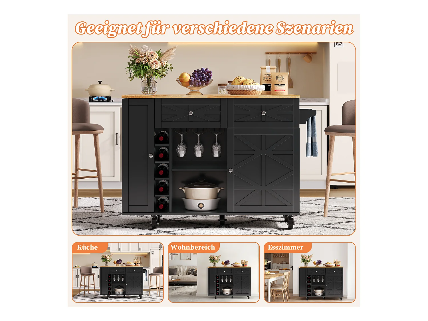 Mobile Kücheninsel mit klappbarer Arbeitsplatte - 120 x 45/70 x 89 cm - mit 2 Türen + 2 Schubladen - MDF - schwarz