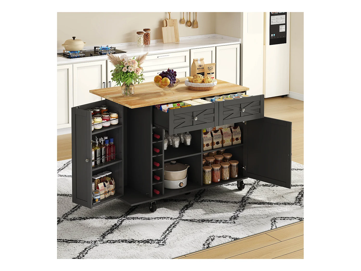 Mobile Kücheninsel mit klappbarer Arbeitsplatte - 120 x 45/70 x 89 cm - mit 2 Türen + 2 Schubladen - MDF - schwarz