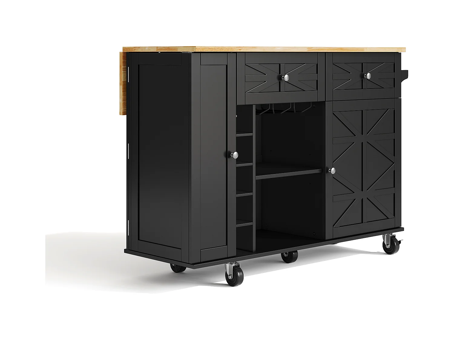 Mobile Kücheninsel mit klappbarer Arbeitsplatte - 120 x 45/70 x 89 cm - mit 2 Türen + 2 Schubladen - MDF - schwarz