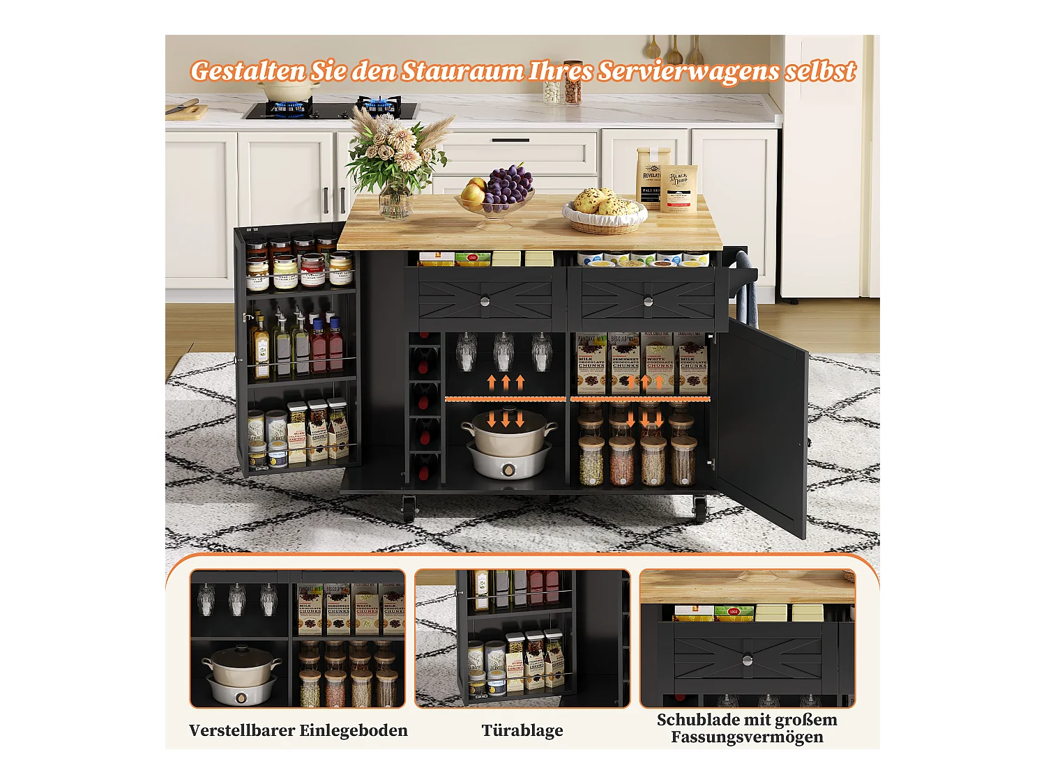 Mobile Kücheninsel mit klappbarer Arbeitsplatte - 120 x 45/70 x 89 cm - mit 2 Türen + 2 Schubladen - MDF - schwarz