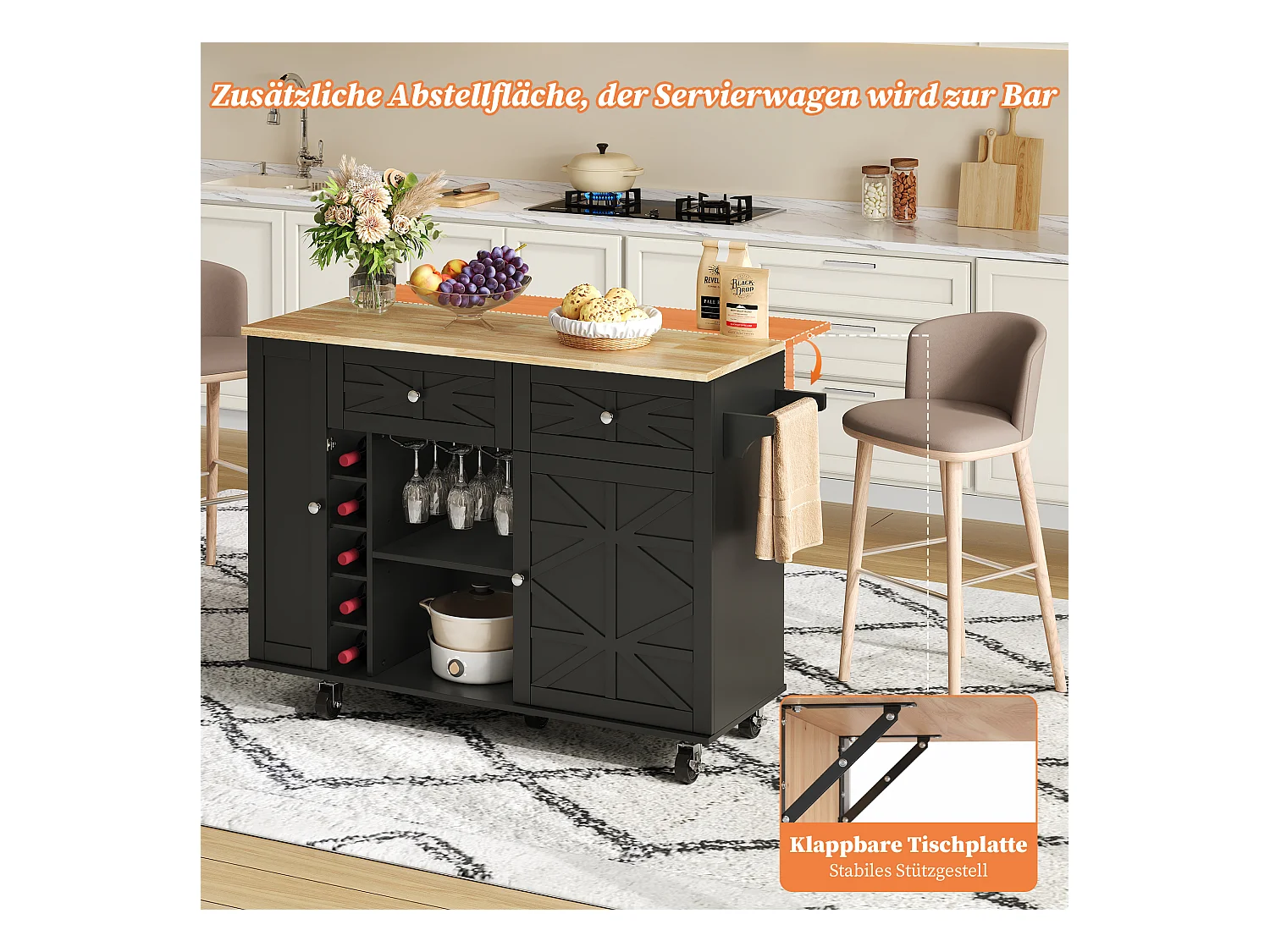 Mobile Kücheninsel mit klappbarer Arbeitsplatte - 120 x 45/70 x 89 cm - mit 2 Türen + 2 Schubladen - MDF - schwarz