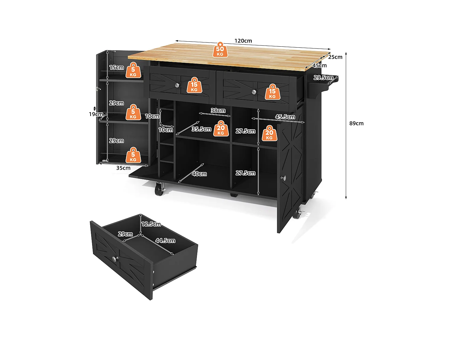 Mobile Kücheninsel mit klappbarer Arbeitsplatte - 120 x 45/70 x 89 cm - mit 2 Türen + 2 Schubladen - MDF - schwarz