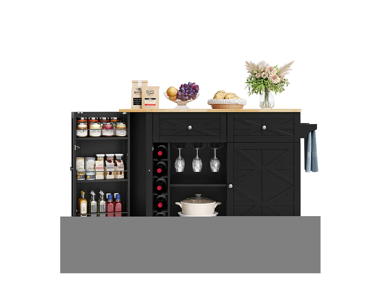 Mobile Kücheninsel mit klappbarer Arbeitsplatte - 120 x 45/70 x 89 cm - mit 2 Türen + 2 Schubladen - MDF - schwarz