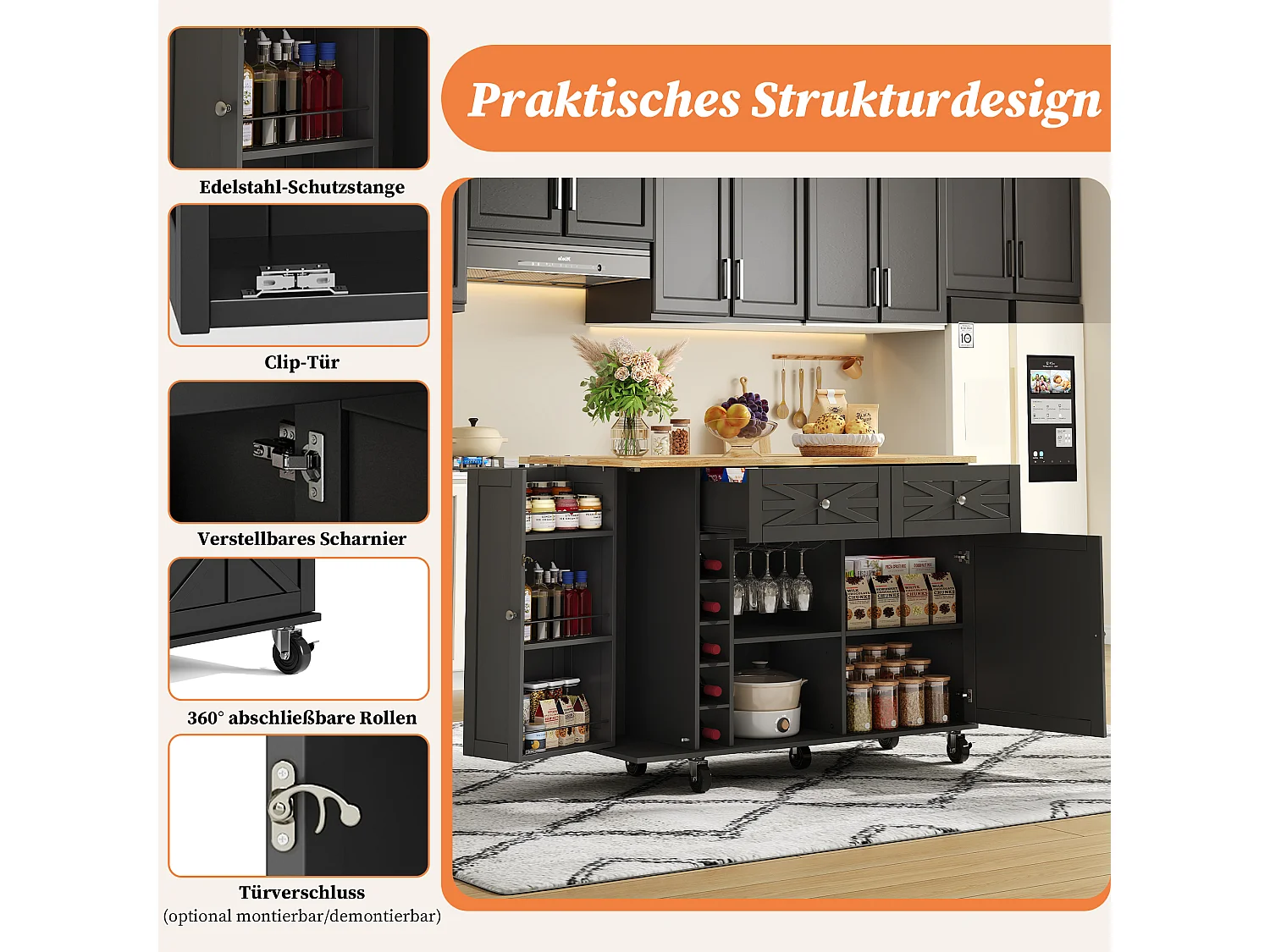 Îlot de cuisine mobile avec plan de travail rabattable - 120 x 45/70 x 89 cm - avec 2 portes + 2 tiroirs - MDF - noir