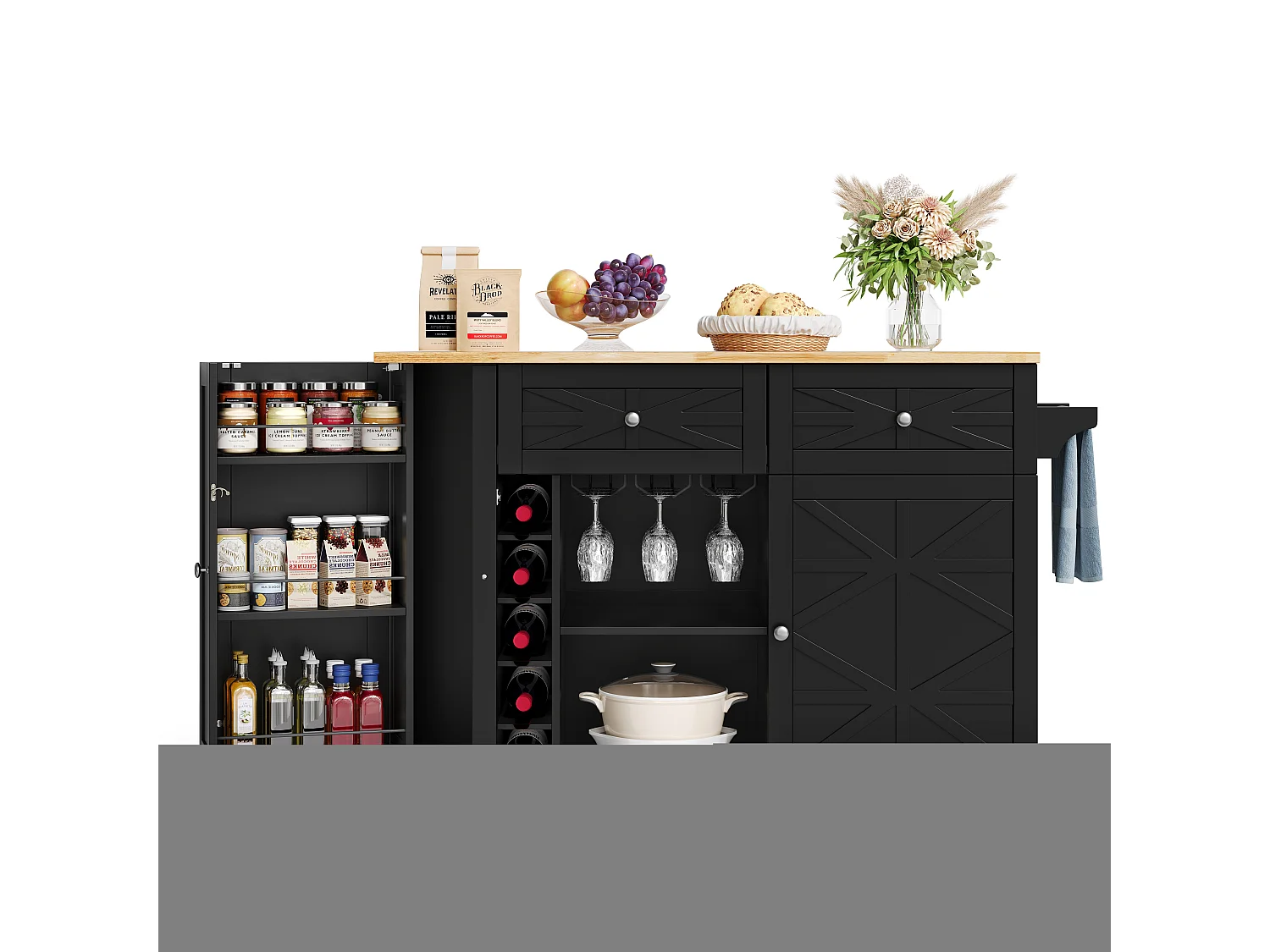 Îlot de cuisine mobile avec plan de travail rabattable - 120 x 45/70 x 89 cm - avec 2 portes + 2 tiroirs - MDF - noir