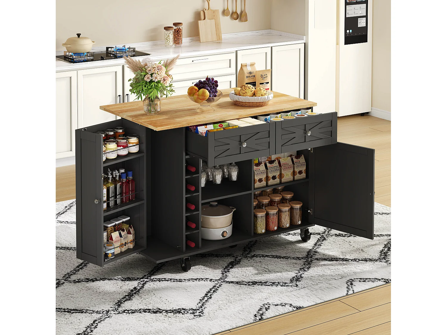 Mobile kitchen island with foldable tabletop - 120 x 45/70 x 89 cm - with 2 doors + 2 drawers - MDF - black
