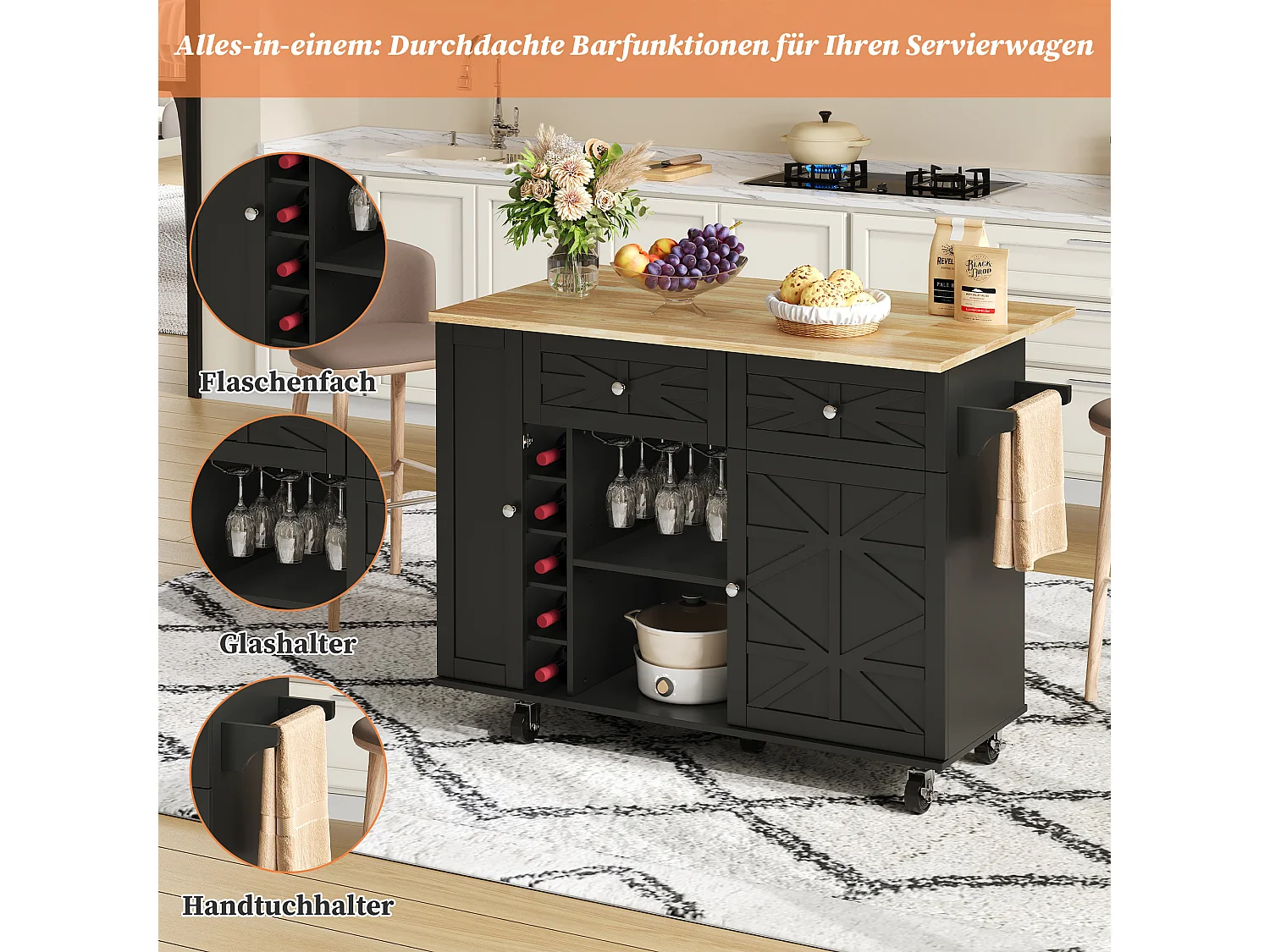 Mobile kitchen island with foldable tabletop - 120 x 45/70 x 89 cm - with 2 doors + 2 drawers - MDF - black