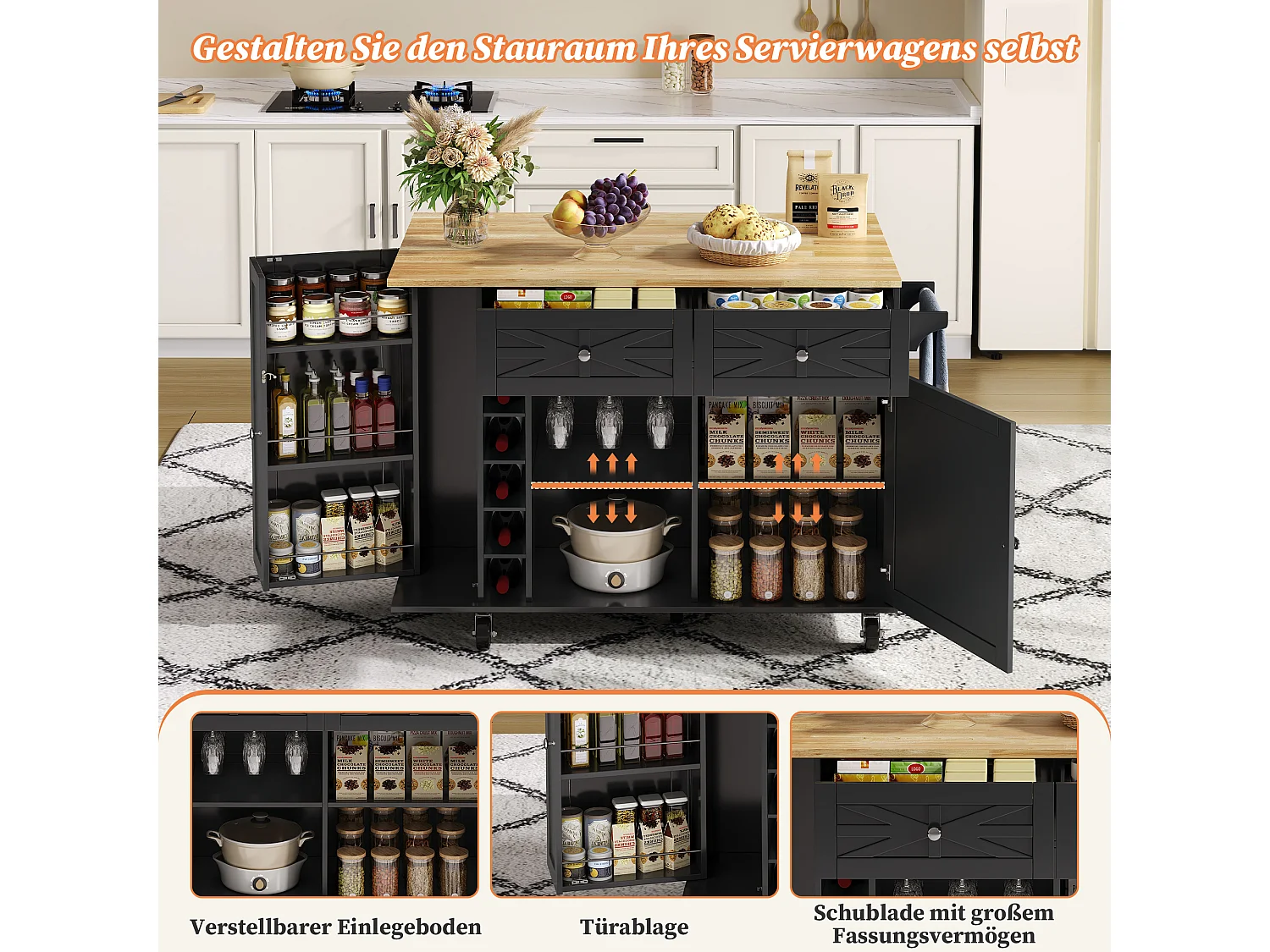 Mobile kitchen island with foldable tabletop - 120 x 45/70 x 89 cm - with 2 doors + 2 drawers - MDF - black