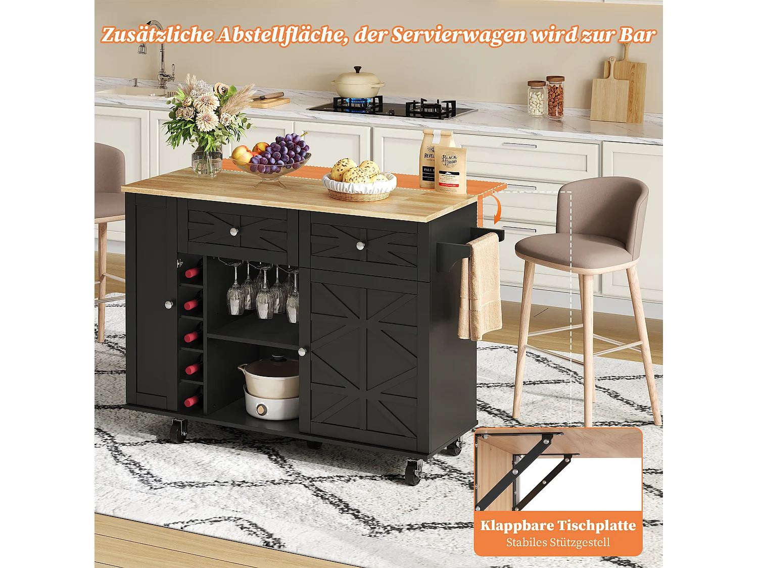Mobile kitchen island with foldable tabletop - 120 x 45/70 x 89 cm - with 2 doors + 2 drawers - MDF - black