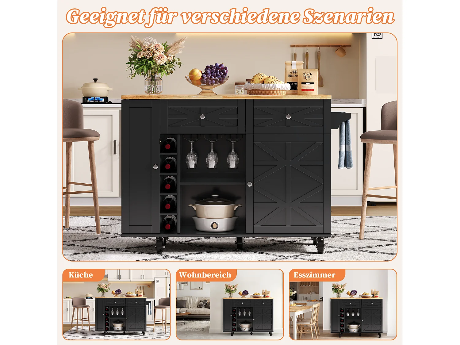 Mobile kitchen island with foldable tabletop - 120 x 45/70 x 89 cm - with 2 doors + 2 drawers - MDF - black