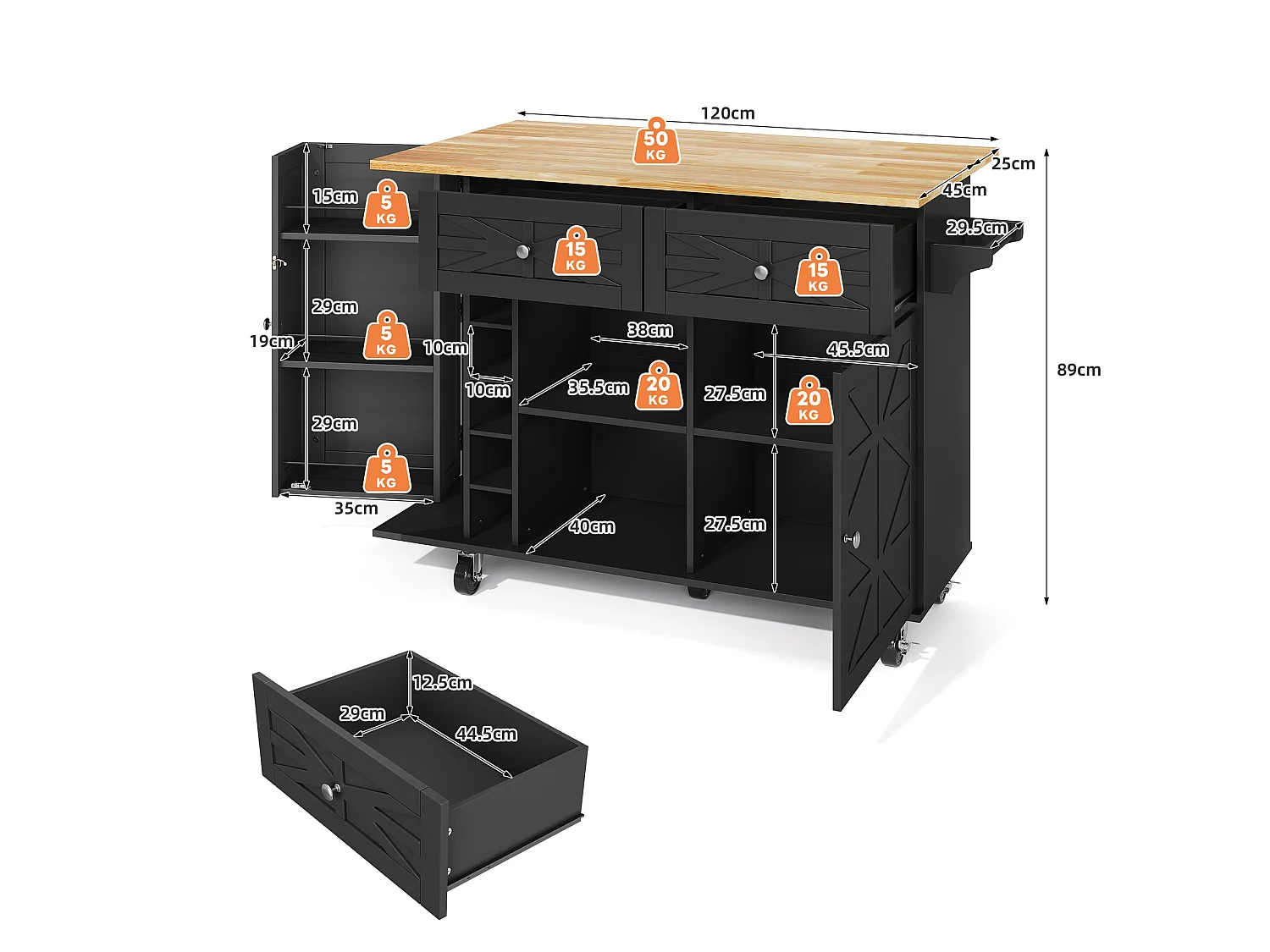 Mobile kitchen island with foldable tabletop - 120 x 45/70 x 89 cm - with 2 doors + 2 drawers - MDF - black