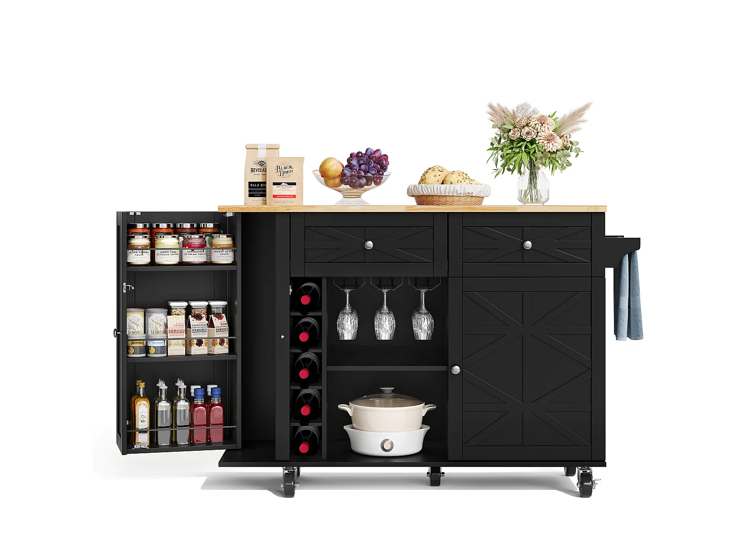 Mobile kitchen island with foldable tabletop - 120 x 45/70 x 89 cm - with 2 doors + 2 drawers - MDF - black