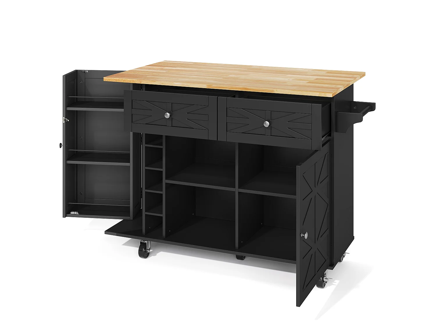 Mobile kitchen island with foldable tabletop - 120 x 45/70 x 89 cm - with 2 doors + 2 drawers - MDF - black